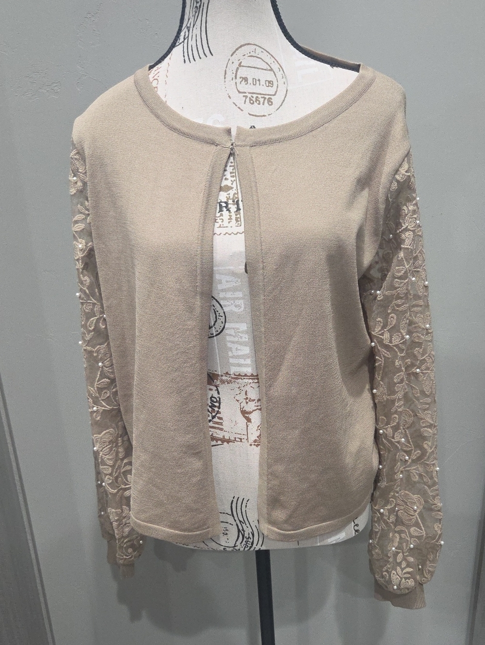 Sioni Beige Lace-Sleeve Open Front Cardigan